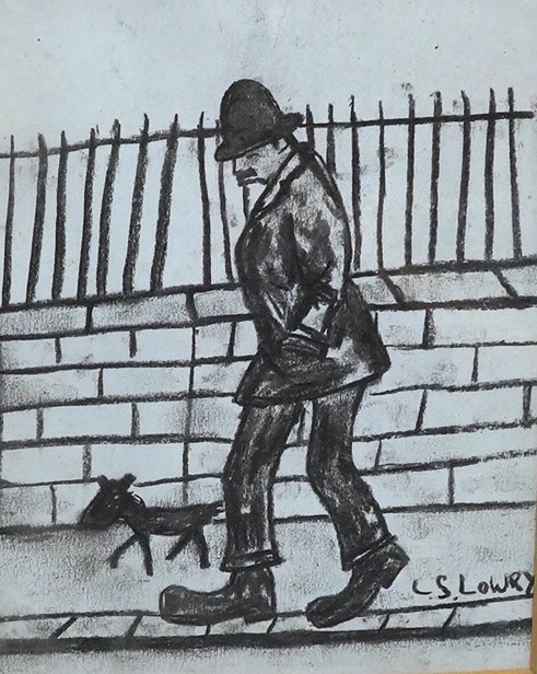 In the style of Lowry, charcoal, 'Figure walking about', 24cm x 18cm. Condition - good